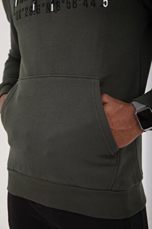 Haki Nakışlı Kanguru Cep Standart Kalıp Kapüşonlu Erkek Sweatshirt - 87839 | XXL