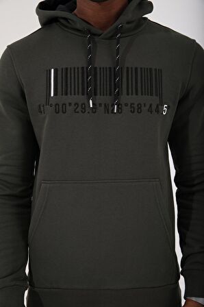 Haki Nakışlı Kanguru Cep Standart Kalıp Kapüşonlu Erkek Sweatshirt - 87839 | XXL