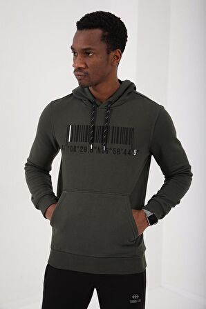 Haki Nakışlı Kanguru Cep Standart Kalıp Kapüşonlu Erkek Sweatshirt - 87839 | XXL