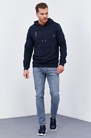 Lacivert Nakışlı Kanguru Cep Standart Kalıp Kapüşonlu Erkek Sweatshirt - 87839 | S