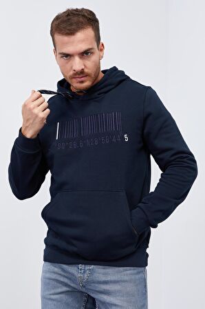 Lacivert Nakışlı Kanguru Cep Standart Kalıp Kapüşonlu Erkek Sweatshirt - 87839 | S