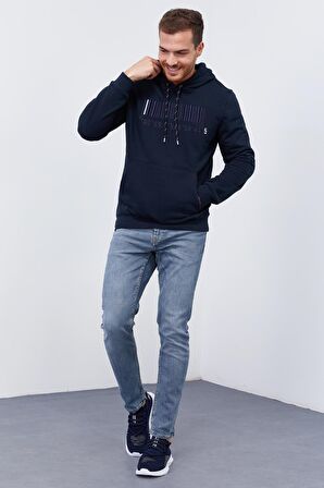 Lacivert Nakışlı Kanguru Cep Standart Kalıp Kapüşonlu Erkek Sweatshirt - 87839 | S