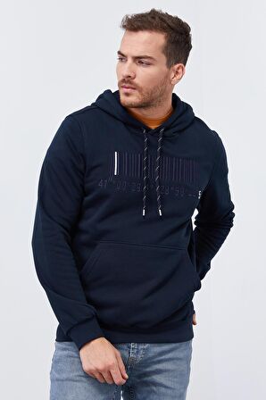 Lacivert Nakışlı Kanguru Cep Standart Kalıp Kapüşonlu Erkek Sweatshirt - 87839 | XXL