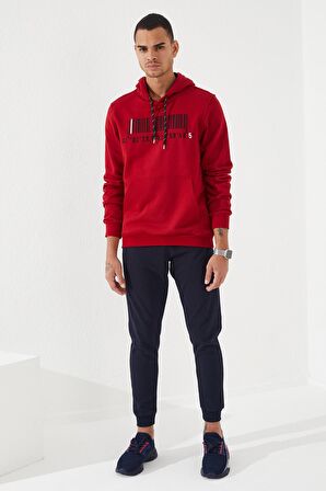 Kırmızı Nakışlı Kanguru Cep Standart Kalıp Kapüşonlu Erkek Sweatshirt - 87839 | XXL