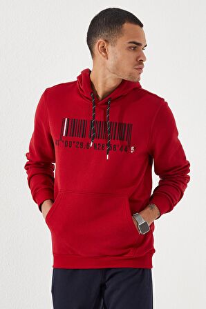 Kırmızı Nakışlı Kanguru Cep Standart Kalıp Kapüşonlu Erkek Sweatshirt - 87839 | XXL