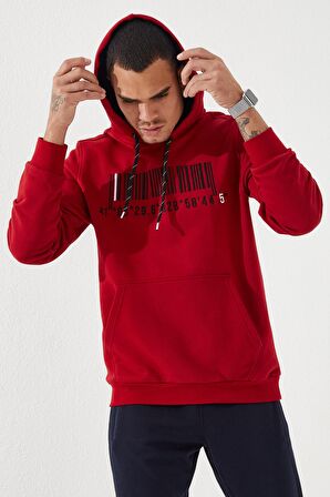 Kırmızı Nakışlı Kanguru Cep Standart Kalıp Kapüşonlu Erkek Sweatshirt - 87839 | XXL