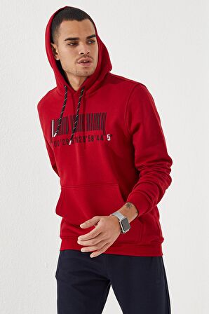 Kırmızı Nakışlı Kanguru Cep Standart Kalıp Kapüşonlu Erkek Sweatshirt - 87839 | XXL