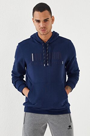 İndigo Nakışlı Kanguru Cep Standart Kalıp Kapüşonlu Erkek Sweatshirt - 87839 | XXL