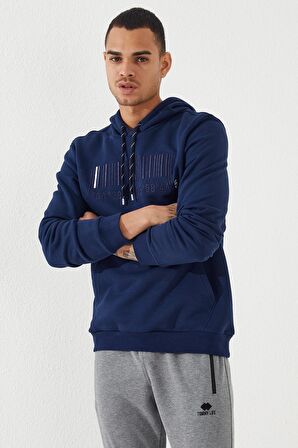İndigo Nakışlı Kanguru Cep Standart Kalıp Kapüşonlu Erkek Sweatshirt - 87839 | XXL