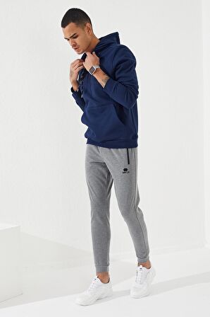 İndigo Nakışlı Kanguru Cep Standart Kalıp Kapüşonlu Erkek Sweatshirt - 87839 | XXL