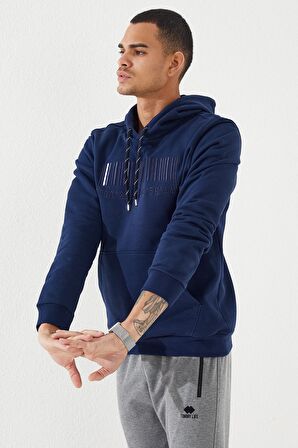 İndigo Nakışlı Kanguru Cep Standart Kalıp Kapüşonlu Erkek Sweatshirt - 87839 | XXL
