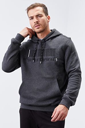 Antrasit Melanj Nakışlı Kanguru Cep Standart Kalıp Kapüşonlu Erkek Sweatshirt - 87839 | XXL