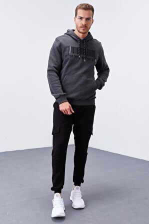 Antrasit Melanj Nakışlı Kanguru Cep Standart Kalıp Kapüşonlu Erkek Sweatshirt - 87839 | XXL