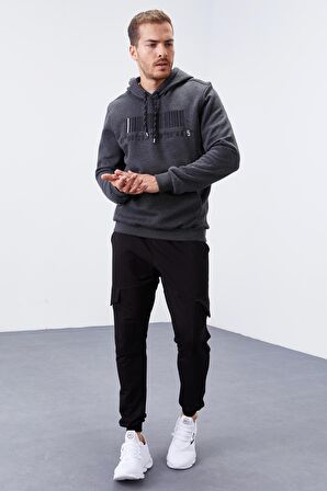 Antrasit Melanj Nakışlı Kanguru Cep Standart Kalıp Kapüşonlu Erkek Sweatshirt - 87839 | XXL