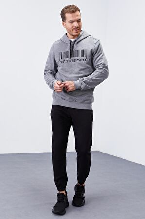 Gri Melanj Nakışlı Kanguru Cep Standart Kalıp Kapüşonlu Erkek Sweatshirt - 87839 | S