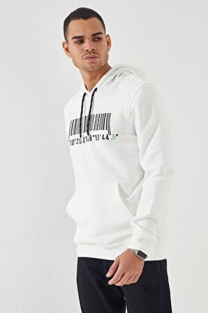 Ekru Nakışlı Kanguru Cep Standart Kalıp Kapüşonlu Erkek Sweatshirt - 87839 | XXL