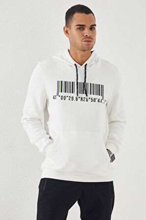 Ekru Nakışlı Kanguru Cep Standart Kalıp Kapüşonlu Erkek Sweatshirt - 87839 | XXL