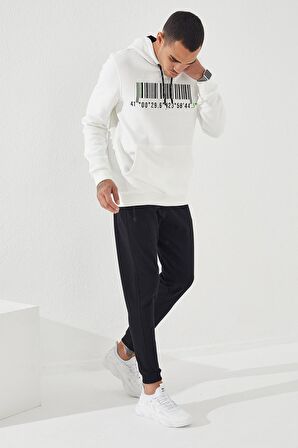 Ekru Nakışlı Kanguru Cep Standart Kalıp Kapüşonlu Erkek Sweatshirt - 87839 | XXL