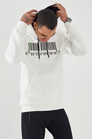Ekru Nakışlı Kanguru Cep Standart Kalıp Kapüşonlu Erkek Sweatshirt - 87839 | XXL