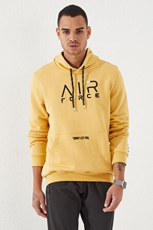 Hardal Nakışlı Kanguru Cep Standart Kalıp Kapüşonlu Erkek Sweatshirt - 87839 | S