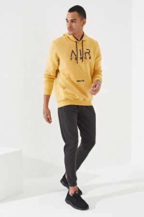 Hardal Nakışlı Kanguru Cep Standart Kalıp Kapüşonlu Erkek Sweatshirt - 87839 | S