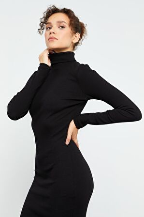 Siyah Kaşkorse Triko Dar Kalıp Balıkçı Yaka Kadın Elbise - 97117 | L