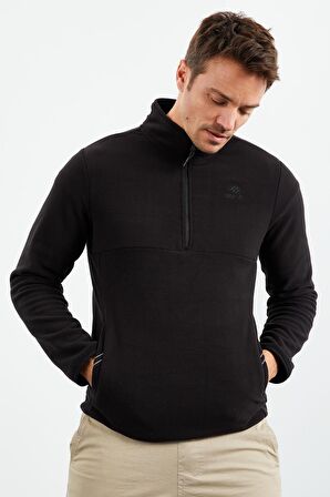 Siyah Yarım Fermuarlı Sweatshirt Slim Fit Dik Yaka Erkek Polar - 87891 | S