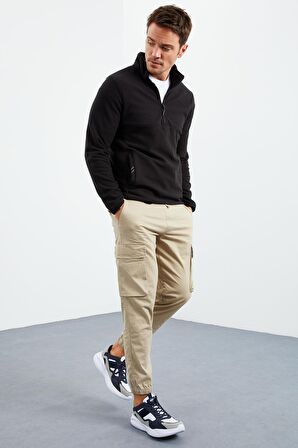 Siyah Yarım Fermuarlı Sweatshirt Slim Fit Dik Yaka Erkek Polar - 87891 | S