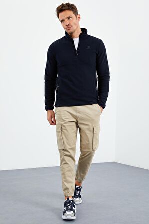 Lacivert Yarım Fermuarlı Sweatshirt Slim Fit Dik Yaka Erkek Polar - 87891 | XXL