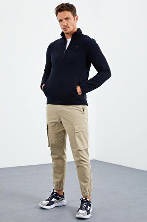 Lacivert Yarım Fermuarlı Sweatshirt Slim Fit Dik Yaka Erkek Polar - 87891 | XXL