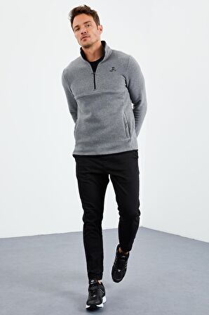 Gri Melanj Yarım Fermuarlı Sweatshirt Slim Fit Dik Yaka Erkek Polar - 87891 | L