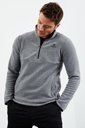 Gri Melanj Yarım Fermuarlı Sweatshirt Slim Fit Dik Yaka Erkek Polar - 87891 | S