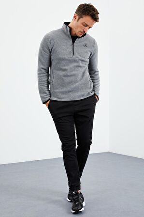 Gri Melanj Yarım Fermuarlı Sweatshirt Slim Fit Dik Yaka Erkek Polar - 87891 | S