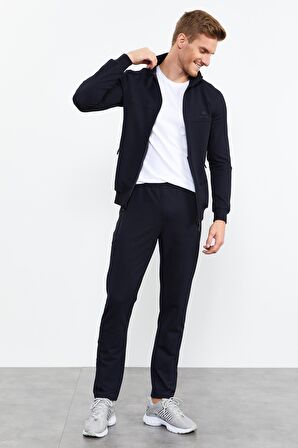 Lacivert Dik Yaka Fermuarlı Standart Kalıp Klasik Paça Erkek Eşofman Takımı - 85152 | L