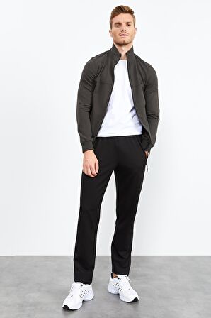 Haki - Siyah Dik Yaka Fermuarlı Standart Kalıp Klasik Paça Erkek Eşofman Takımı - 85152 | M