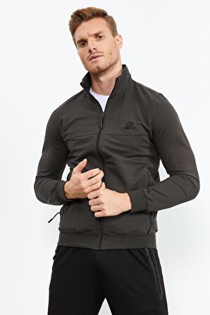 Haki - Siyah Dik Yaka Fermuarlı Standart Kalıp Klasik Paça Erkek Eşofman Takımı - 85152 | XL