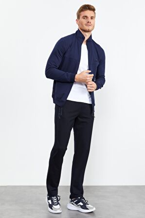 İndigo - Lacivert Dik Yaka Fermuarlı Standart Kalıp Klasik Paça Erkek Eşofman Takımı - 85152 | XL