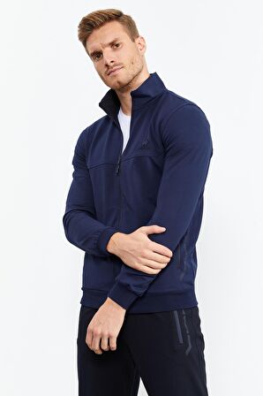 İndigo - Lacivert Dik Yaka Fermuarlı Standart Kalıp Klasik Paça Erkek Eşofman Takımı - 85152 | XL