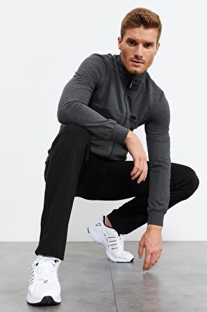 Antrasit Melanj - Siyah Dik Yaka Fermuarlı Standart Kalıp Klasik Paça Erkek Eşofman Takımı - 85152 | M