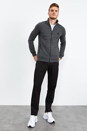 Antrasit Melanj - Siyah Dik Yaka Fermuarlı Standart Kalıp Klasik Paça Erkek Eşofman Takımı - 85152 | XXL