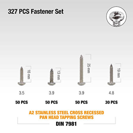 Civtec 327 Parça 13 Çeşit Paslanmaz Saç Vidası Seti Takımı TK-23