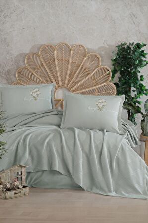 Butik Çift Kişilik Nakış Detaylı Pike Takımı Etta V2 Adaçayı