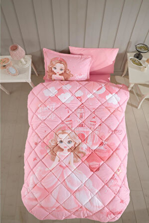 Clasy Ranforce %100 Pamuk Tek Kişilik Uyku Seti (Lastikli Çarşaflı) Sweet Princess V1 Pudra