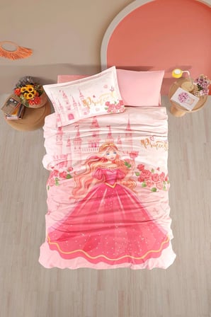 Clasy Ranforce %100 Pamuk Nevresim Takımı Tek Kişilik Princess V1 Pudra