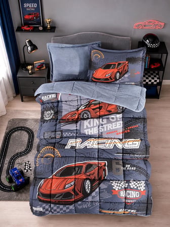 Clasy Wellsoft Çift Taraflı Tek Kişilik Uyku Seti (Lastikli Çarşaf) Racing Team V1 Mavi
