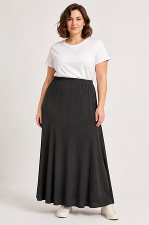 Yüksek Bel Sandy Kumaş Panelli Dökümlü Battal Boy Maxi Etek Y26-90980-Siyah