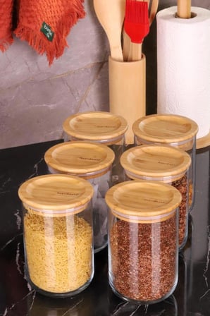 Bambum Duo Bambu Vakumlu Kapaklı Cam 900ml Baharatlık - Saklama Kabı 6lı Set