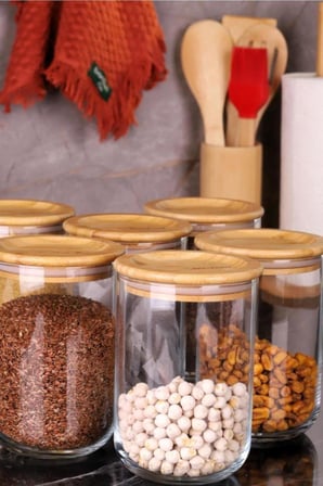 Bambum Duo Bambu Vakumlu Kapaklı Cam 900ml Baharatlık - Saklama Kabı 6lı Set