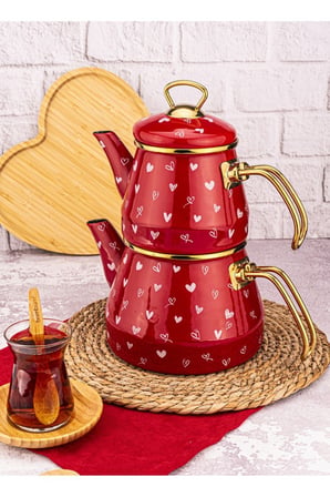 Bambum Pera Love Emaye Çaydanlık Takımı Kırmızı B5761