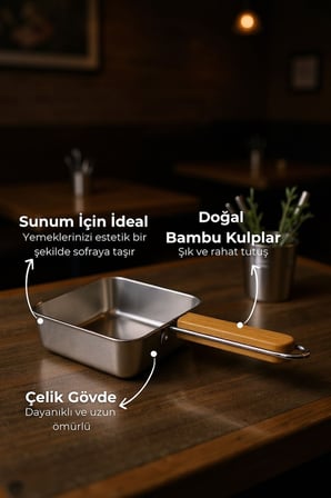 Cesta Bambu Saplı Çelik Sunum Tavası Kare Küçük